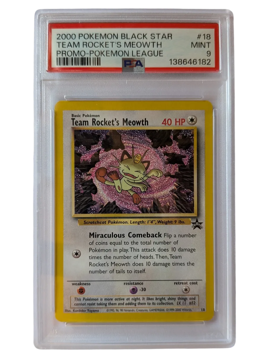 TEAM ROCKET'S MEOWTH 18 PSA 9 PROMO POKEMON LEAGUE 2000 POKEMON BLACK STAR
